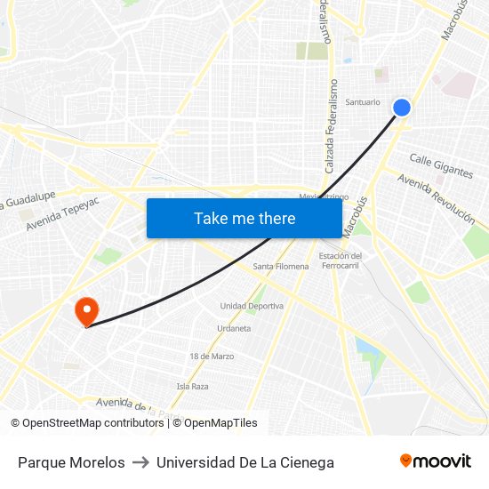 Parque Morelos to Universidad De La Cienega map