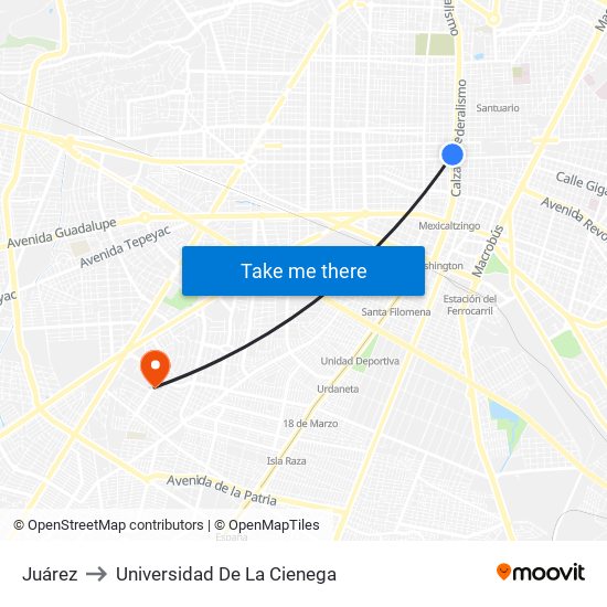 Juárez to Universidad De La Cienega map