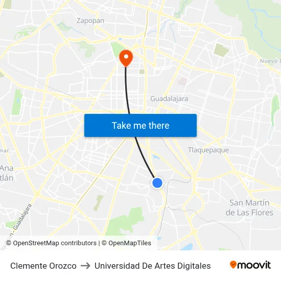Clemente Orozco to Universidad De Artes Digitales map