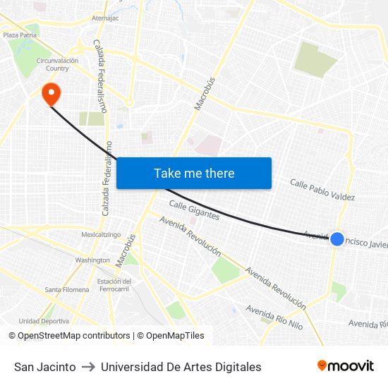 San Jacinto to Universidad De Artes Digitales map