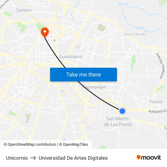 Unicornio to Universidad De Artes Digitales map