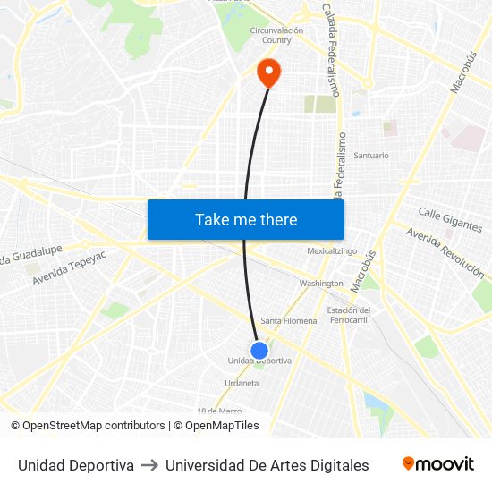 Unidad Deportiva to Universidad De Artes Digitales map