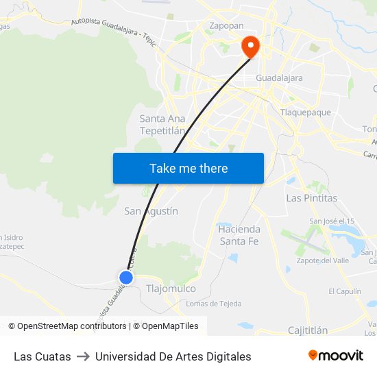 Las Cuatas to Universidad De Artes Digitales map