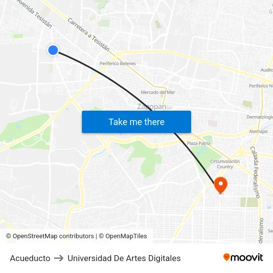Acueducto to Universidad De Artes Digitales map
