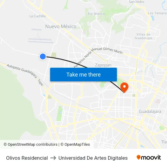 Olivos Residencial to Universidad De Artes Digitales map