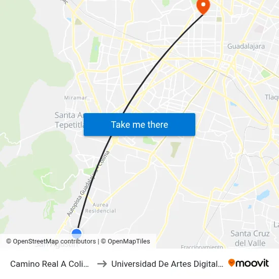 Camino Real A Colima to Universidad De Artes Digitales map