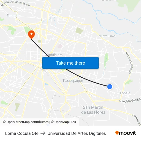 Loma Cocula Ote to Universidad De Artes Digitales map