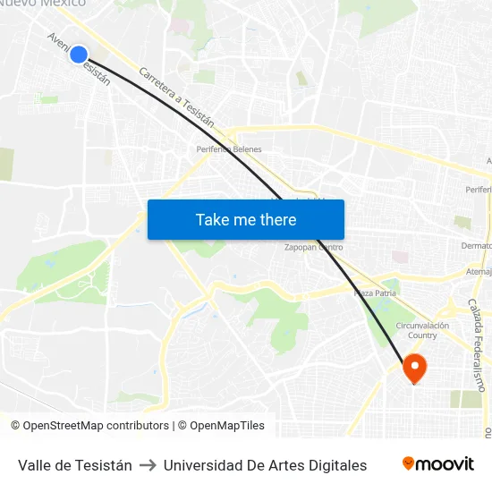 Valle de Tesistán to Universidad De Artes Digitales map