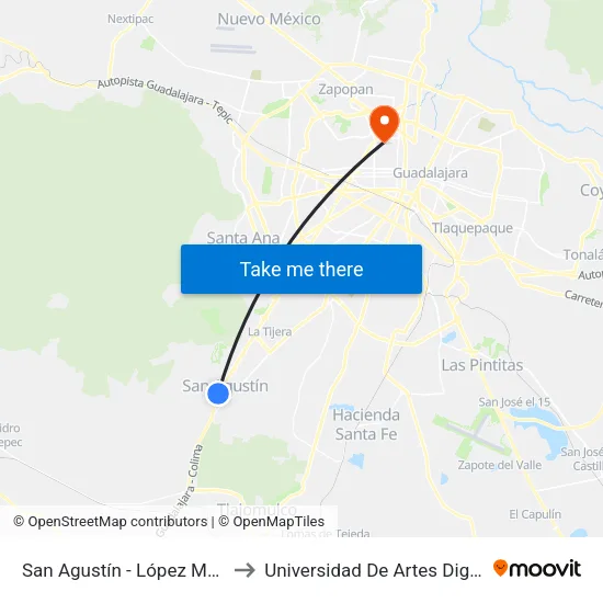 San Agustín - López Mateos to Universidad De Artes Digitales map