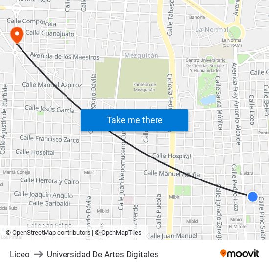 Liceo to Universidad De Artes Digitales map