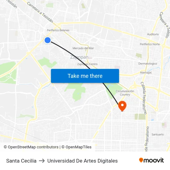Santa Cecilia to Universidad De Artes Digitales map