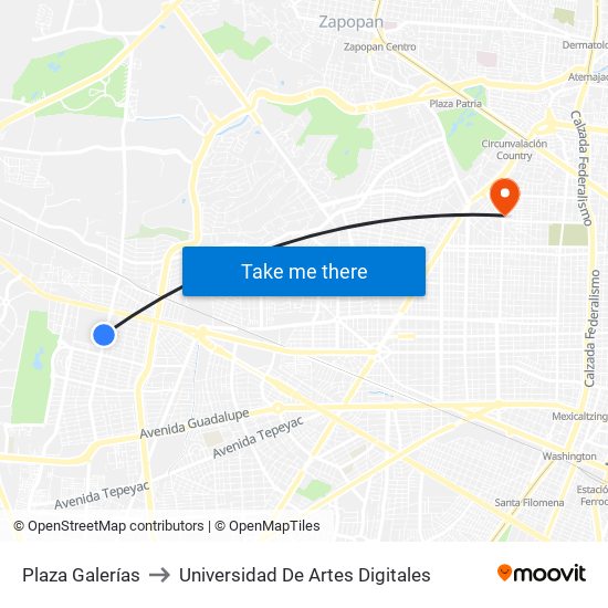 Plaza Galerías to Universidad De Artes Digitales map