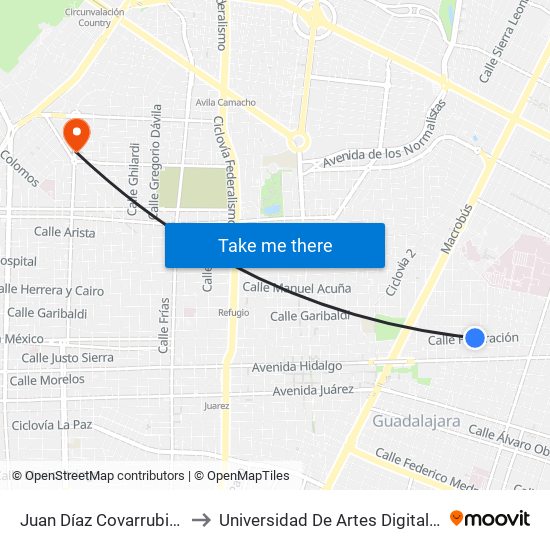 Juan Díaz Covarrubias to Universidad De Artes Digitales map
