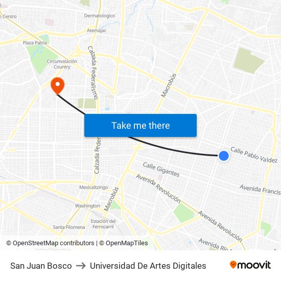 San Juan Bosco to Universidad De Artes Digitales map