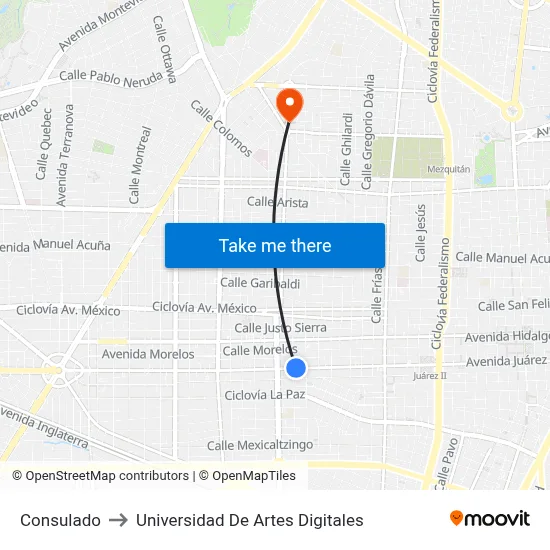 Consulado to Universidad De Artes Digitales map