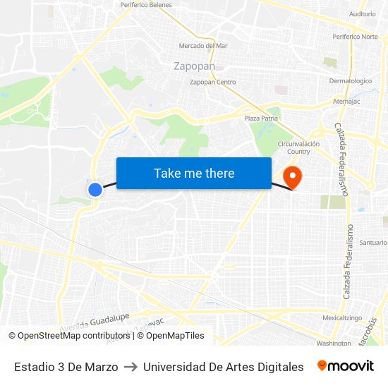 Estadio 3 De Marzo to Universidad De Artes Digitales map