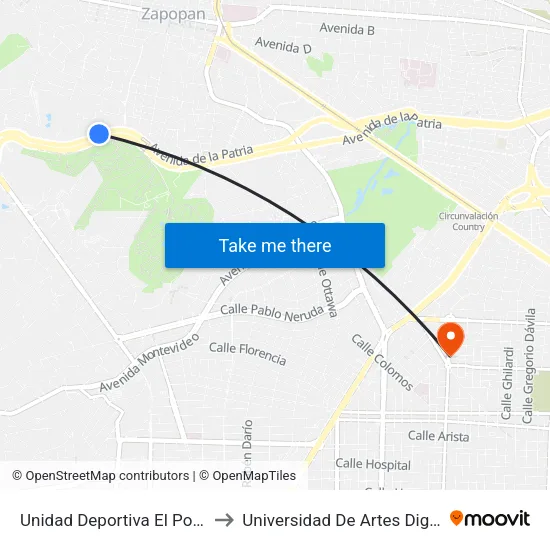 Unidad Deportiva El Polvorín to Universidad De Artes Digitales map