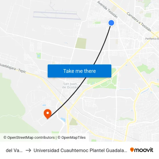 del Valle to Universidad Cuauhtemoc Plantel Guadalajara map