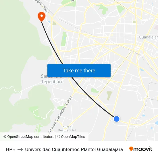 HPE to Universidad Cuauhtemoc Plantel Guadalajara map