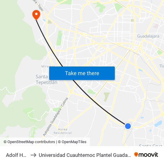 Adolf Horn to Universidad Cuauhtemoc Plantel Guadalajara map