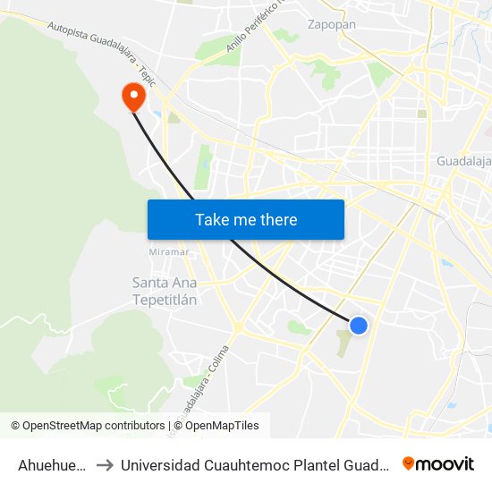 Ahuehuetes to Universidad Cuauhtemoc Plantel Guadalajara map