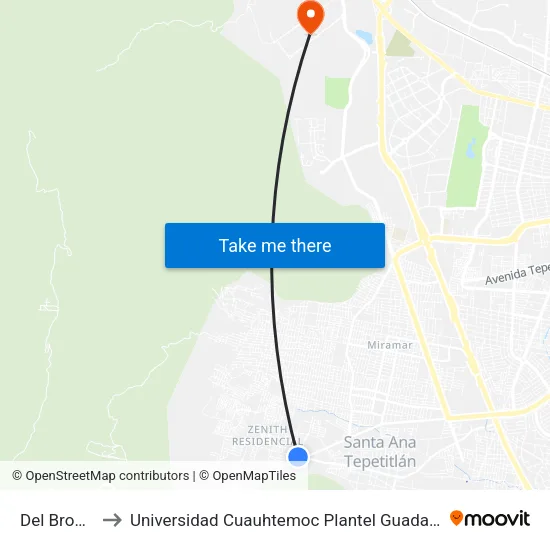 Del Bronce to Universidad Cuauhtemoc Plantel Guadalajara map