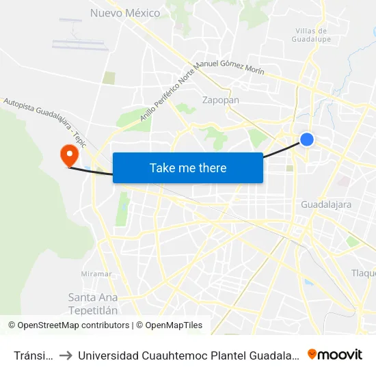 Tránsito to Universidad Cuauhtemoc Plantel Guadalajara map