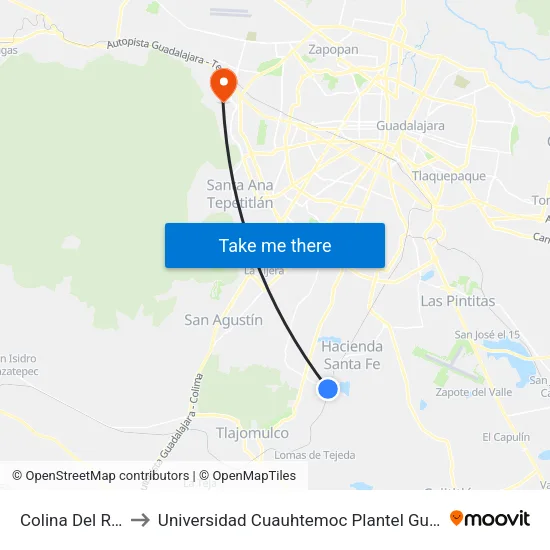 Colina del Roble to Universidad Cuauhtemoc Plantel Guadalajara map