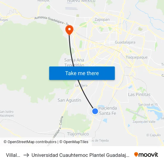 Villalta to Universidad Cuauhtemoc Plantel Guadalajara map
