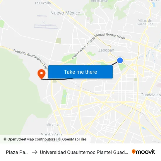 Plaza Patria to Universidad Cuauhtemoc Plantel Guadalajara map