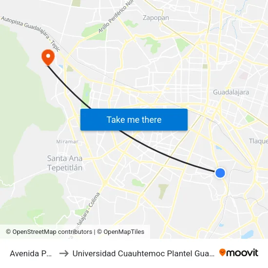 Patria to Universidad Cuauhtemoc Plantel Guadalajara map
