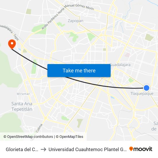 Glorieta del Charro to Universidad Cuauhtemoc Plantel Guadalajara map