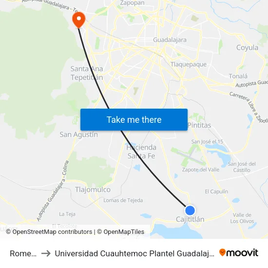 Romero to Universidad Cuauhtemoc Plantel Guadalajara map