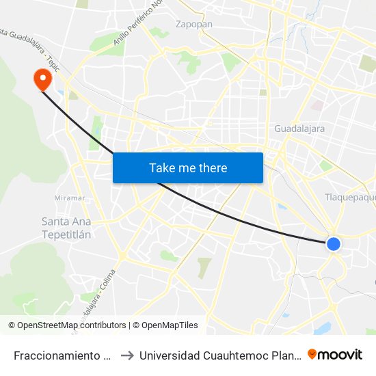 Fraccionamiento Revolución to Universidad Cuauhtemoc Plantel Guadalajara map