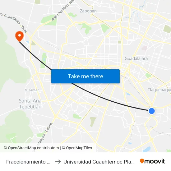 Fraccionamiento Revolución to Universidad Cuauhtemoc Plantel Guadalajara map
