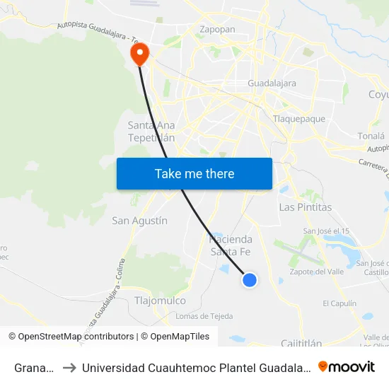 Granada to Universidad Cuauhtemoc Plantel Guadalajara map
