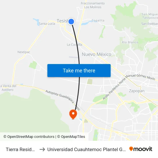 Tierra Residencial to Universidad Cuauhtemoc Plantel Guadalajara map