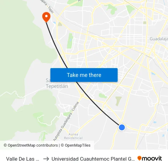 Valle De Las Heras to Universidad Cuauhtemoc Plantel Guadalajara map