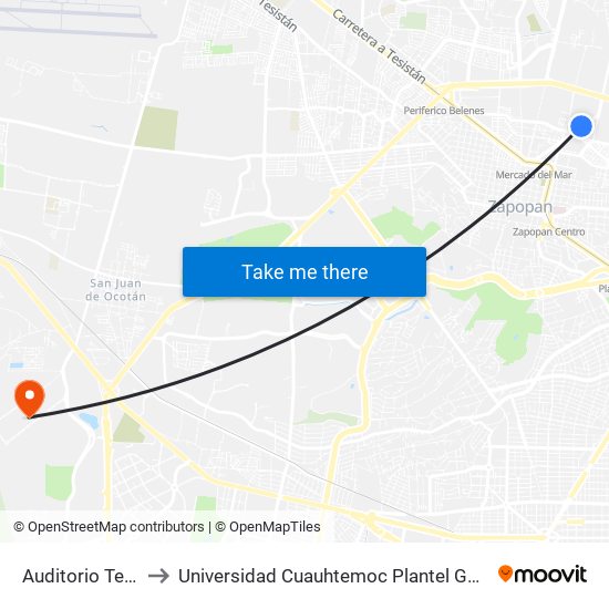 Auditorio Telmex to Universidad Cuauhtemoc Plantel Guadalajara map