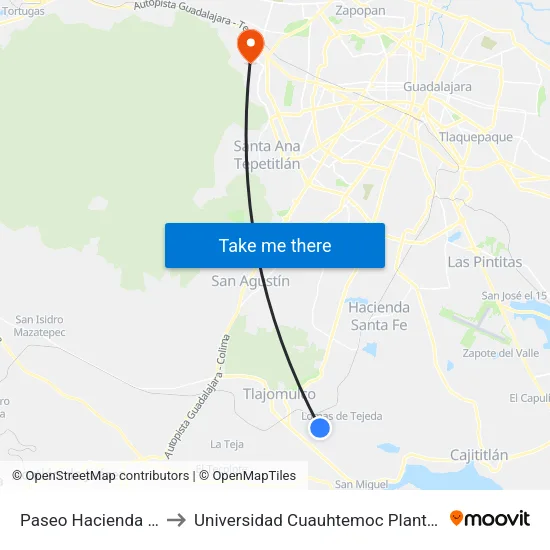 Paseo Hacienda La Noria to Universidad Cuauhtemoc Plantel Guadalajara map