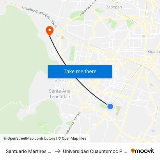 Santuario Mártires de Cristo Rey to Universidad Cuauhtemoc Plantel Guadalajara map