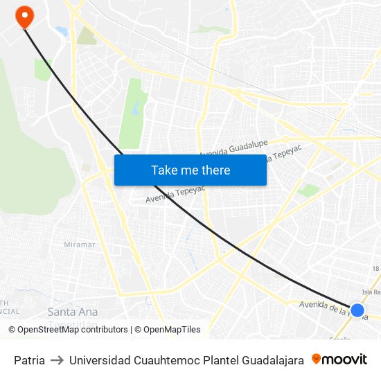 Patria to Universidad Cuauhtemoc Plantel Guadalajara map