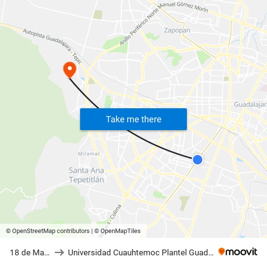 18 de Marzo to Universidad Cuauhtemoc Plantel Guadalajara map