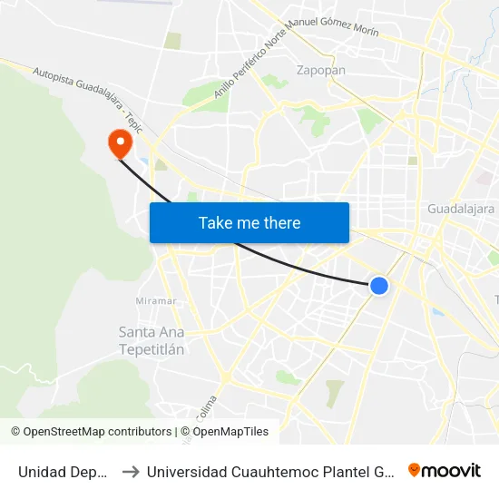 Unidad Deportiva to Universidad Cuauhtemoc Plantel Guadalajara map