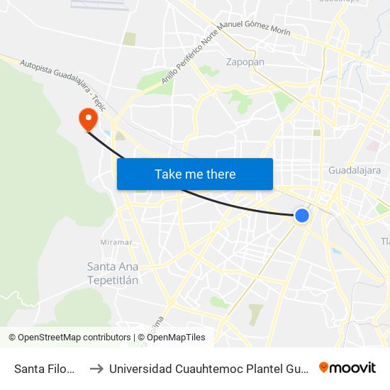 Santa Filomena to Universidad Cuauhtemoc Plantel Guadalajara map