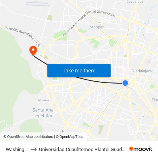 Washington to Universidad Cuauhtemoc Plantel Guadalajara map