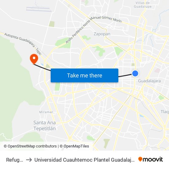 Refugio to Universidad Cuauhtemoc Plantel Guadalajara map