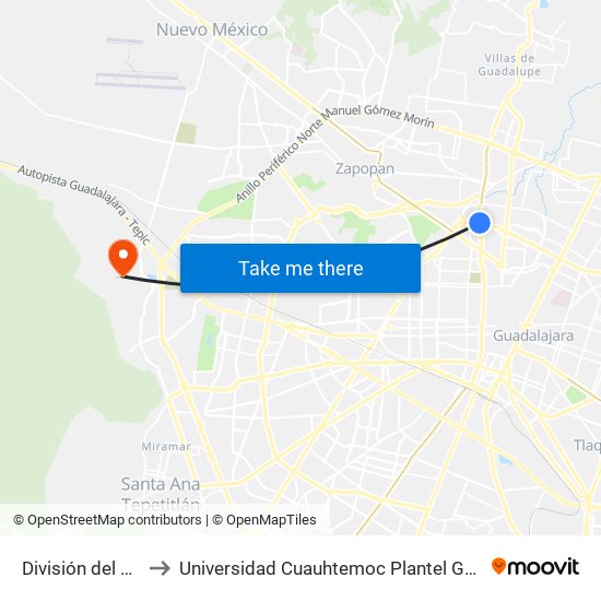 División del Norte to Universidad Cuauhtemoc Plantel Guadalajara map