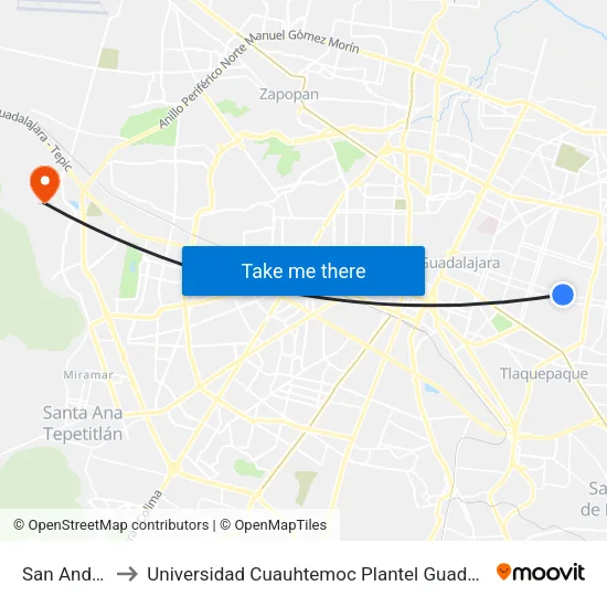 San Andrés to Universidad Cuauhtemoc Plantel Guadalajara map