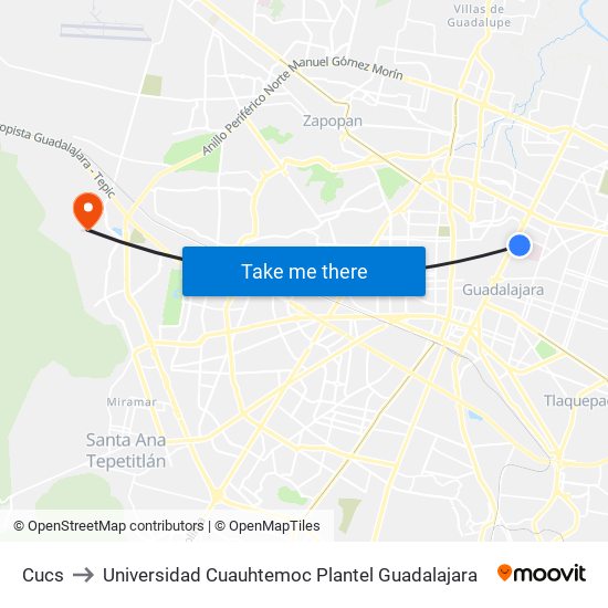 CUCS to Universidad Cuauhtemoc Plantel Guadalajara map